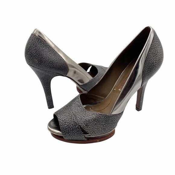 BCBGMAXAZRIA Leather Metallic Peep Toe Heels Women’s Size 7B - Picture 1 of 8